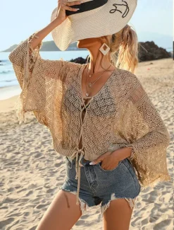 New Women's White Elegant Lace Tops Blouse Eyelet top Sexy Plain Drawstring Crochet Street Daily Vacation Beach V Neck Regular Fit One-Size Black White Khaki Women Lace Tops