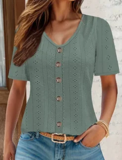 New Women's White Elegant Lace Tops Eyelet Blouse Daily Regular Tops Short Sleeve V Neck Buttons Loose Fit Daily Romantic Petite Tops Summer Holiday Wear White Pink Semi Formal Blouses Women Lace Tops