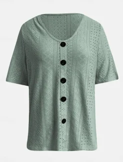 New Women's White Elegant Lace Tops Eyelet Blouse Daily Regular Tops Short Sleeve V Neck Buttons Loose Fit Daily Romantic Petite Tops Summer Holiday Wear White Pink Semi Formal Blouses Women Lace Tops