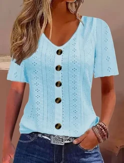 New Women's White Elegant Lace Tops Eyelet Blouse Daily Regular Tops Short Sleeve V Neck Buttons Loose Fit Daily Romantic Petite Tops Summer Holiday Wear White Pink Semi Formal Blouses Women Lace Tops