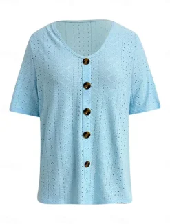 New Women's White Elegant Lace Tops Eyelet Blouse Daily Regular Tops Short Sleeve V Neck Buttons Loose Fit Daily Romantic Petite Tops Summer Holiday Wear White Pink Semi Formal Blouses Women Lace Tops