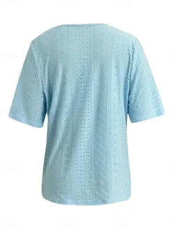 New Women's White Elegant Lace Tops Eyelet Blouse Daily Regular Tops Short Sleeve V Neck Buttons Loose Fit Daily Romantic Petite Tops Summer Holiday Wear White Pink Semi Formal Blouses Women Lace Tops