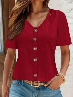 New Women's White Elegant Lace Tops Eyelet Blouse Daily Regular Tops Short Sleeve V Neck Buttons Loose Fit Daily Romantic Petite Tops Summer Holiday Wear White Pink Semi Formal Blouses Women Lace Tops