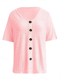 New Women's White Elegant Lace Tops Eyelet Blouse Daily Regular Tops Short Sleeve V Neck Buttons Loose Fit Daily Romantic Petite Tops Summer Holiday Wear White Pink Semi Formal Blouses Women Lace Tops