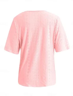 New Women's White Elegant Lace Tops Eyelet Blouse Daily Regular Tops Short Sleeve V Neck Buttons Loose Fit Daily Romantic Petite Tops Summer Holiday Wear White Pink Semi Formal Blouses Women Lace Tops