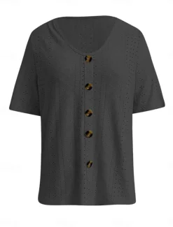 New Women's White Elegant Lace Tops Eyelet Blouse Daily Regular Tops Short Sleeve V Neck Buttons Loose Fit Daily Romantic Petite Tops Summer Holiday Wear White Pink Semi Formal Blouses Women Lace Tops