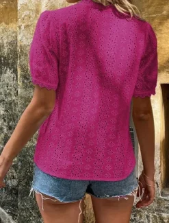 Clearance Women's White Elegant Lace Tops Eyelet Blouse Plain Lace Cut Out Street Daily Fashion V Neck Regular Fit Romantic Petite Tops Summer Holiday Wear Black White Fuchsia Semi Formal Blouses Women Lace Tops
