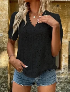 Clearance Women's White Elegant Lace Tops Eyelet Blouse Plain Lace Cut Out Street Daily Fashion V Neck Regular Fit Romantic Petite Tops Summer Holiday Wear Black White Fuchsia Semi Formal Blouses Women Lace Tops