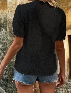 Clearance Women's White Elegant Lace Tops Eyelet Blouse Plain Lace Cut Out Street Daily Fashion V Neck Regular Fit Romantic Petite Tops Summer Holiday Wear Black White Fuchsia Semi Formal Blouses Women Lace Tops