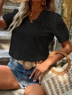 Clearance Women's White Elegant Lace Tops Eyelet Blouse Plain Lace Cut Out Street Daily Fashion V Neck Regular Fit Romantic Petite Tops Summer Holiday Wear Black White Fuchsia Semi Formal Blouses Women Lace Tops