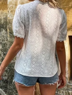 Clearance Women's White Elegant Lace Tops Eyelet Blouse Plain Lace Cut Out Street Daily Fashion V Neck Regular Fit Romantic Petite Tops Summer Holiday Wear Black White Fuchsia Semi Formal Blouses Women Lace Tops