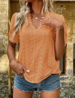 Clearance Women's White Elegant Lace Tops Eyelet Blouse Plain Lace Cut Out Street Daily Fashion V Neck Regular Fit Romantic Petite Tops Summer Holiday Wear Black White Fuchsia Semi Formal Blouses Women Lace Tops