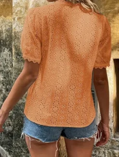 Clearance Women's White Elegant Lace Tops Eyelet Blouse Plain Lace Cut Out Street Daily Fashion V Neck Regular Fit Romantic Petite Tops Summer Holiday Wear Black White Fuchsia Semi Formal Blouses Women Lace Tops