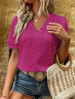Clearance Women's White Elegant Lace Tops Eyelet Blouse Plain Lace Cut Out Street Daily Fashion V Neck Regular Fit Romantic Petite Tops Summer Holiday Wear Black White Fuchsia Semi Formal Blouses Women Lace Tops