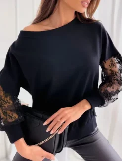 New Women's White Elegant Lace Tops Eyelet Blouse Sexy Fashion Modern Casual Plain Regular Tops Long Sleeve Crew Neck Regular Fit Daily Weekend Romantic Petite Tops Summer Holiday Wear Black Women Lace Tops