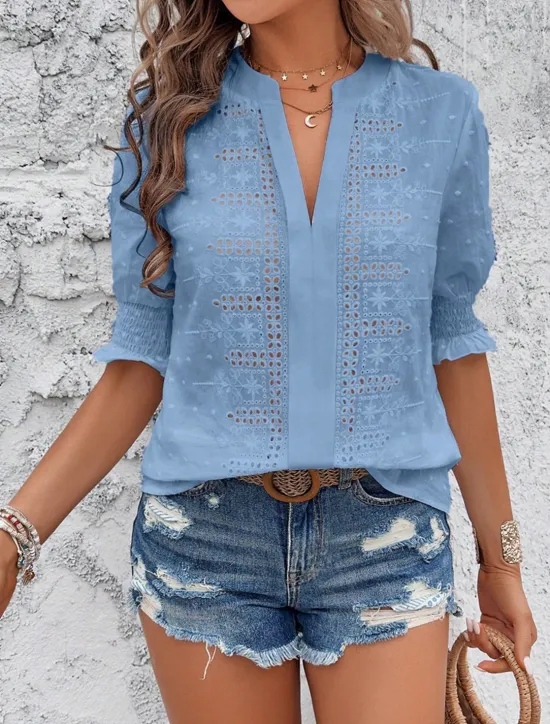 Best Women's White Elegant Lace Tops Eyelet Blouse Dressy Tops Plain Cut Out Street Daily Fashion V Neck Regular Fit Romantic Petite Tops Summer Holiday Wear White Pink Blue Semi Formal Blouses Women Lace Tops