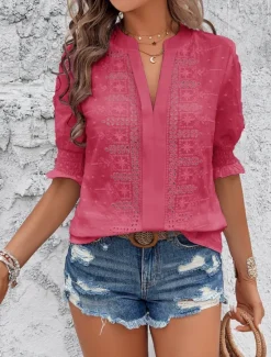 Best Women's White Elegant Lace Tops Eyelet Blouse Dressy Tops Plain Cut Out Street Daily Fashion V Neck Regular Fit Romantic Petite Tops Summer Holiday Wear White Pink Blue Semi Formal Blouses Women Lace Tops