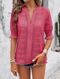 Best Women's White Elegant Lace Tops Eyelet Blouse Dressy Tops Plain Cut Out Street Daily Fashion V Neck Regular Fit Romantic Petite Tops Summer Holiday Wear White Pink Blue Semi Formal Blouses Women Lace Tops