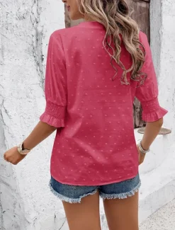 Best Women's White Elegant Lace Tops Eyelet Blouse Dressy Tops Plain Cut Out Street Daily Fashion V Neck Regular Fit Romantic Petite Tops Summer Holiday Wear White Pink Blue Semi Formal Blouses Women Lace Tops