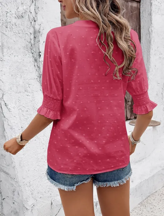 Best Women's White Elegant Lace Tops Eyelet Blouse Dressy Tops Plain Cut Out Street Daily Fashion V Neck Regular Fit Romantic Petite Tops Summer Holiday Wear White Pink Blue Semi Formal Blouses Women Lace Tops