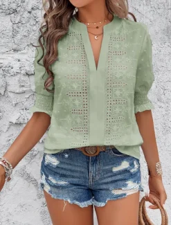 Best Women's White Elegant Lace Tops Eyelet Blouse Dressy Tops Plain Cut Out Street Daily Fashion V Neck Regular Fit Romantic Petite Tops Summer Holiday Wear White Pink Blue Semi Formal Blouses Women Lace Tops