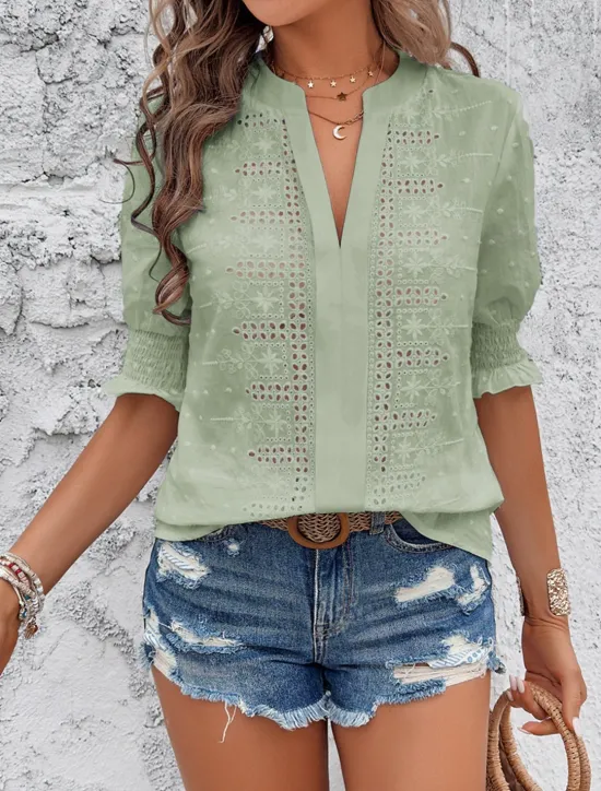 Best Women's White Elegant Lace Tops Eyelet Blouse Dressy Tops Plain Cut Out Street Daily Fashion V Neck Regular Fit Romantic Petite Tops Summer Holiday Wear White Pink Blue Semi Formal Blouses Women Lace Tops