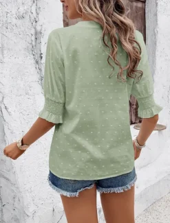 Best Women's White Elegant Lace Tops Eyelet Blouse Dressy Tops Plain Cut Out Street Daily Fashion V Neck Regular Fit Romantic Petite Tops Summer Holiday Wear White Pink Blue Semi Formal Blouses Women Lace Tops