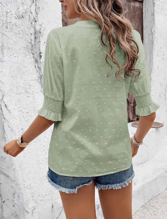 Best Women's White Elegant Lace Tops Eyelet Blouse Dressy Tops Plain Cut Out Street Daily Fashion V Neck Regular Fit Romantic Petite Tops Summer Holiday Wear White Pink Blue Semi Formal Blouses Women Lace Tops