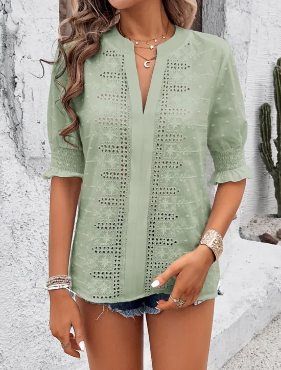 Best Women's White Elegant Lace Tops Eyelet Blouse Dressy Tops Plain Cut Out Street Daily Fashion V Neck Regular Fit Romantic Petite Tops Summer Holiday Wear White Pink Blue Semi Formal Blouses Women Lace Tops