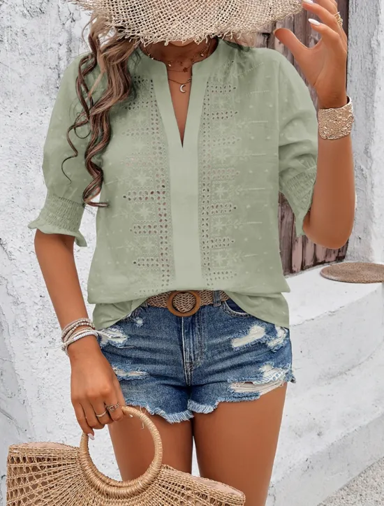 Best Women's White Elegant Lace Tops Eyelet Blouse Dressy Tops Plain Cut Out Street Daily Fashion V Neck Regular Fit Romantic Petite Tops Summer Holiday Wear White Pink Blue Semi Formal Blouses Women Lace Tops