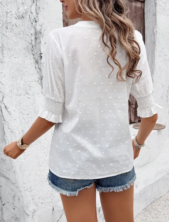 Best Women's White Elegant Lace Tops Eyelet Blouse Dressy Tops Plain Cut Out Street Daily Fashion V Neck Regular Fit Romantic Petite Tops Summer Holiday Wear White Pink Blue Semi Formal Blouses Women Lace Tops