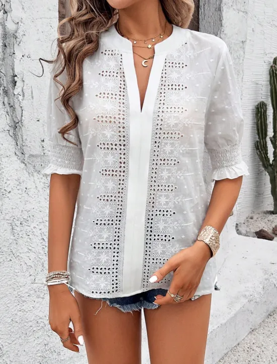 Best Women's White Elegant Lace Tops Eyelet Blouse Dressy Tops Plain Cut Out Street Daily Fashion V Neck Regular Fit Romantic Petite Tops Summer Holiday Wear White Pink Blue Semi Formal Blouses Women Lace Tops