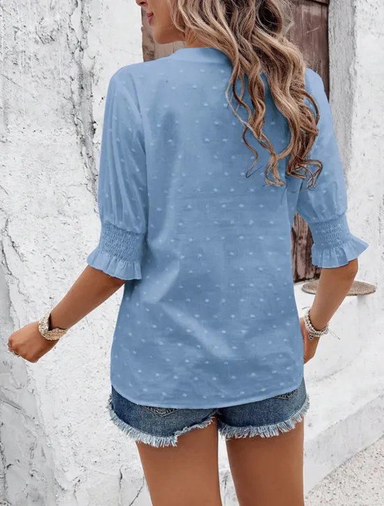 Best Women's White Elegant Lace Tops Eyelet Blouse Dressy Tops Plain Cut Out Street Daily Fashion V Neck Regular Fit Romantic Petite Tops Summer Holiday Wear White Pink Blue Semi Formal Blouses Women Lace Tops