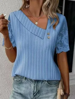 Best Women's White Elegant Lace Tops Eyelet Blouse Dressy Tops Lace Buttons Short Sleeve Asymmetrical Daily Romantic Petite Tops Summer Holiday Wear White Pink Blue Semi Formal Blouses Women Lace Tops