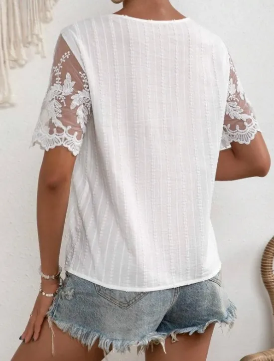 Best Women's White Elegant Lace Tops Eyelet Blouse Dressy Tops Lace Buttons Short Sleeve Asymmetrical Daily Romantic Petite Tops Summer Holiday Wear White Pink Blue Semi Formal Blouses Women Lace Tops
