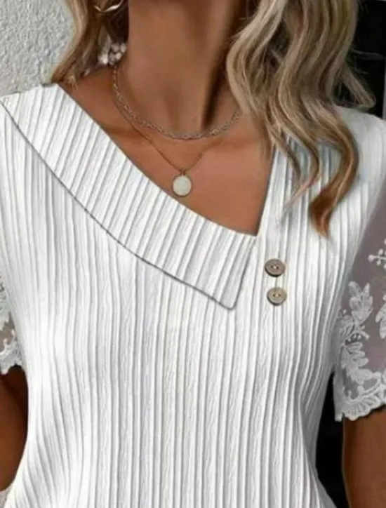 Best Women's White Elegant Lace Tops Eyelet Blouse Dressy Tops Lace Buttons Short Sleeve Asymmetrical Daily Romantic Petite Tops Summer Holiday Wear White Pink Blue Semi Formal Blouses Women Lace Tops