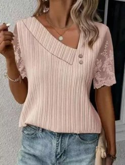 Best Women's White Elegant Lace Tops Eyelet Blouse Dressy Tops Lace Buttons Short Sleeve Asymmetrical Daily Romantic Petite Tops Summer Holiday Wear White Pink Blue Semi Formal Blouses Women Lace Tops
