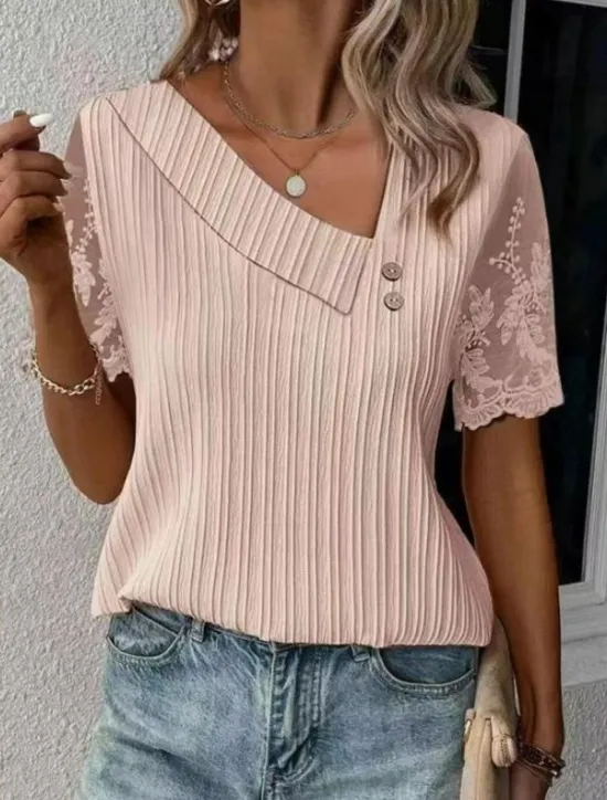 Best Women's White Elegant Lace Tops Eyelet Blouse Dressy Tops Lace Buttons Short Sleeve Asymmetrical Daily Romantic Petite Tops Summer Holiday Wear White Pink Blue Semi Formal Blouses Women Lace Tops