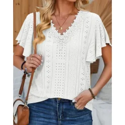 Sale Women's White Elegant Lace Tops Eyelet Blouse Short Sleeve Flutter Sleeve Crew Neck Lace Form Fit Romantic Petite Tops Summer Holiday Wear Black White Pink Blue Summer Women Lace Tops