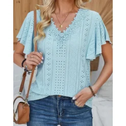 Sale Women's White Elegant Lace Tops Eyelet Blouse Short Sleeve Flutter Sleeve Crew Neck Lace Form Fit Romantic Petite Tops Summer Holiday Wear Black White Pink Blue Summer Women Lace Tops