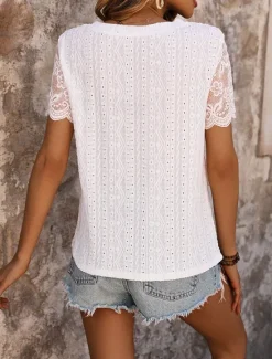 Outlet Women's Elegant Lace Tops Eyelet Blouse Fashion Plain Regular Tops Short Sleeve Round Neck Lace Cut Out Regular Fit Daily Weekend Romantic Petite Tops Summer Holiday Wear Summer Women Lace Tops