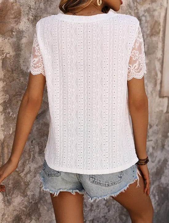 Outlet Women's Elegant Lace Tops Eyelet Blouse Fashion Plain Regular Tops Short Sleeve Round Neck Lace Cut Out Regular Fit Daily Weekend Romantic Petite Tops Summer Holiday Wear Summer Women Lace Tops