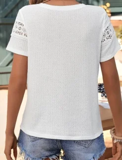 Discount Women's Elegant Lace Tops Eyelet Blouse Fashion Modern Casual Plain Regular Tops Short Sleeve Crew Neck Regular Fit Daily Weekend Romantic Petite Tops Summer Holiday Wear Summer Spring Women Lace Tops