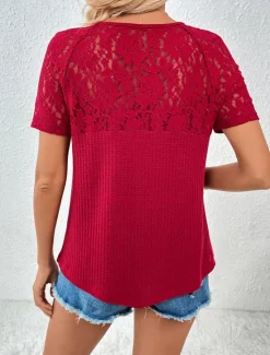 Women's White Elegant Lace Tops Eyelet Blouse Fashion Plain Regular Tops Short Sleeve V Neck Lace Regular Fit Vacation Daily Romantic Petite Tops Summer Holiday Wear Black White Red Green Summer Women Lace Tops