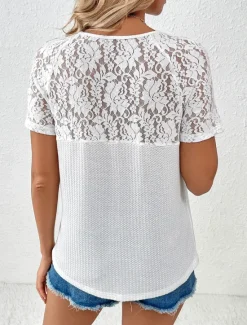 Women's White Elegant Lace Tops Eyelet Blouse Fashion Plain Regular Tops Short Sleeve V Neck Lace Regular Fit Vacation Daily Romantic Petite Tops Summer Holiday Wear Black White Red Green Summer Women Lace Tops