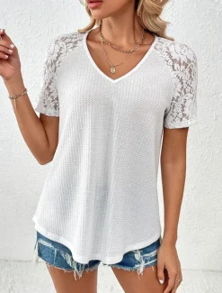 Women's White Elegant Lace Tops Eyelet Blouse Fashion Plain Regular Tops Short Sleeve V Neck Lace Regular Fit Vacation Daily Romantic Petite Tops Summer Holiday Wear Black White Red Green Summer Women Lace Tops