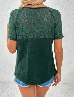 Women's White Elegant Lace Tops Eyelet Blouse Fashion Plain Regular Tops Short Sleeve V Neck Lace Regular Fit Vacation Daily Romantic Petite Tops Summer Holiday Wear Black White Red Green Summer Women Lace Tops