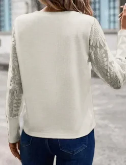 Women's White Elegant Lace Tops Eyelet Blouse Dressy Tops Elegant Lace Buttons Long Sleeve Crew Neck Daily Romantic Petite Tops Summer Holiday Wear Pink Khaki Summer Semi Formal Blouses Women Lace Tops