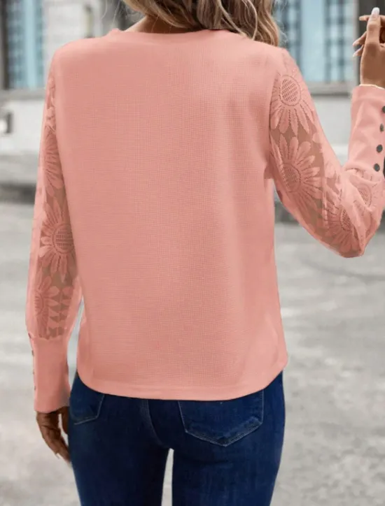 Women's White Elegant Lace Tops Eyelet Blouse Dressy Tops Elegant Lace Buttons Long Sleeve Crew Neck Daily Romantic Petite Tops Summer Holiday Wear Pink Khaki Summer Semi Formal Blouses Women Lace Tops