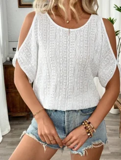 New Women's White Elegant Lace Tops Eyelet Blouse Stylish Casual Solid Color Regular Tops Half Sleeve Crew Neck Loose Fit Daily Romantic Petite Tops Summer Holiday Wear Going out White Blue Spring Fall Women Lace Tops